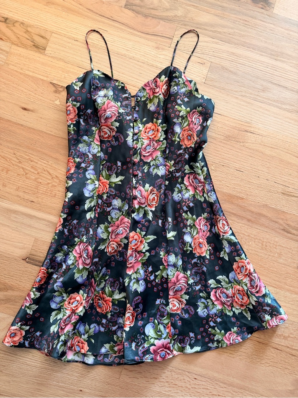 Victoria's Secret Black Floral Slip with Pink and Green Blooms